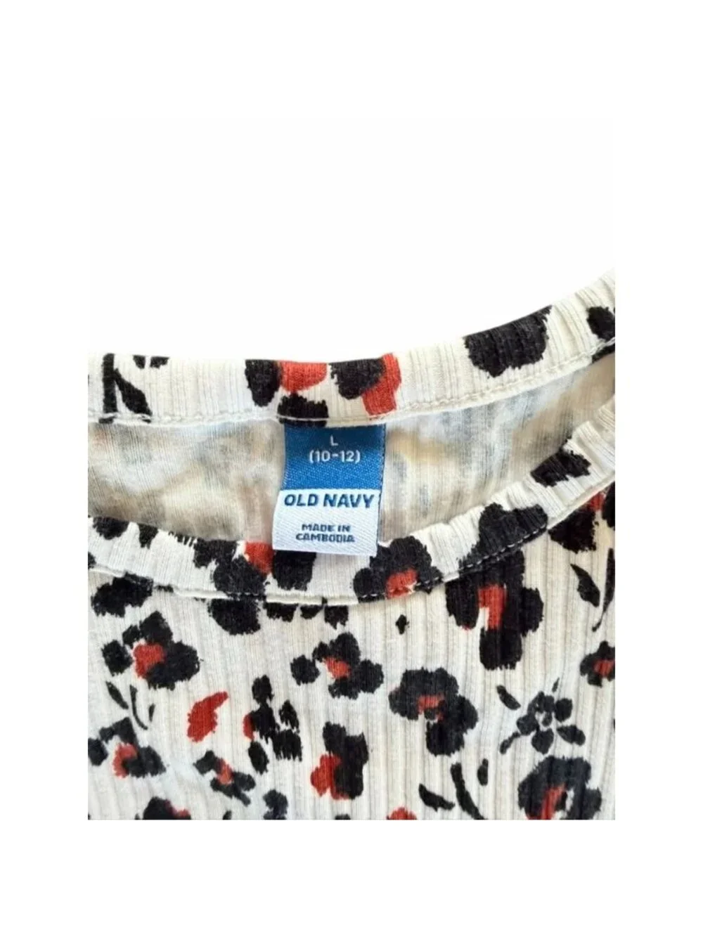 Old Navy Girls Floral Ribbed Top Size L (10-12) White With Black & Red Accents